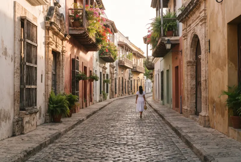 Calle empedrada de la Zona Colonial de Santo Domingo con balcones de madera y buganvilias a primera hora de la mañana