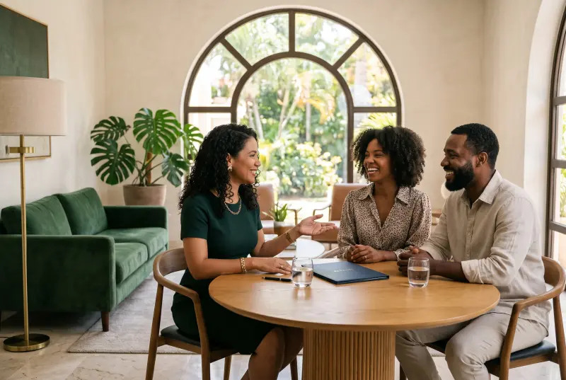 Asesora de Firma Dominicana conversando con una pareja en una sala de reuniones luminosa