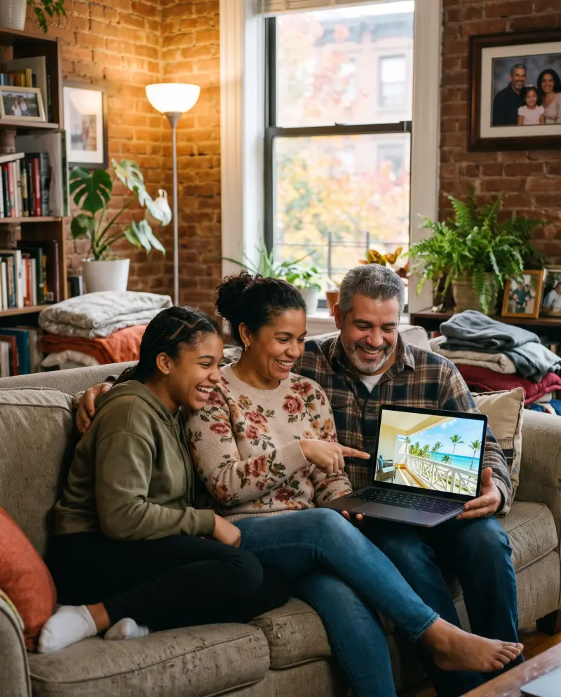 Familia dominicana en Nueva York mirando en una laptop un apartamento con vista al mar