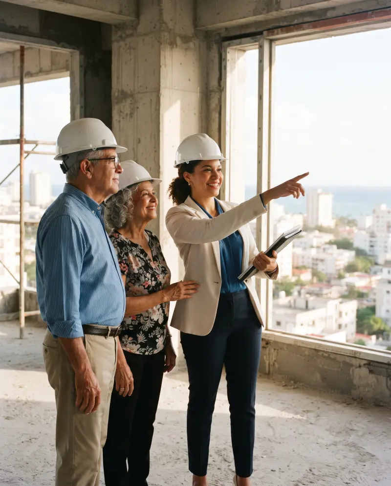Asesora de Firma Dominicana con casco mostrando a una pareja mayor la vista desde un apartamento en construcción