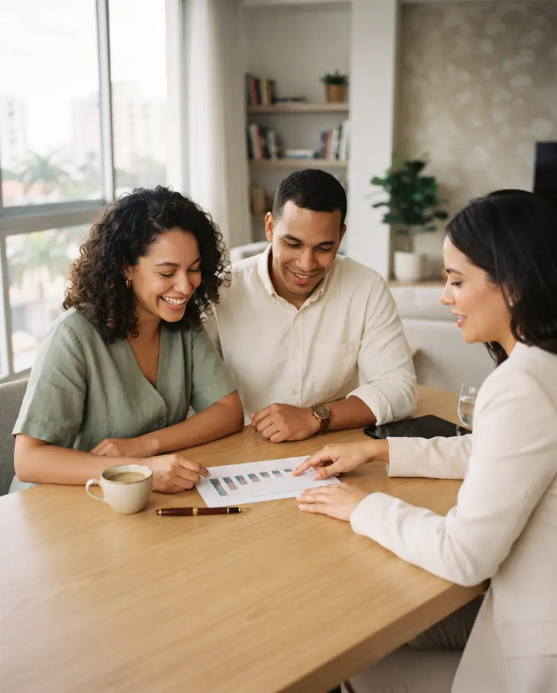 Pareja joven revisando un plan de pagos impreso con su asesora financiera
