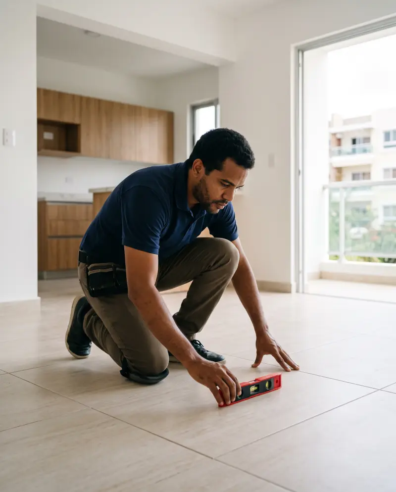 Inspector revisando con un nivel el piso de porcelanato de un apartamento nuevo