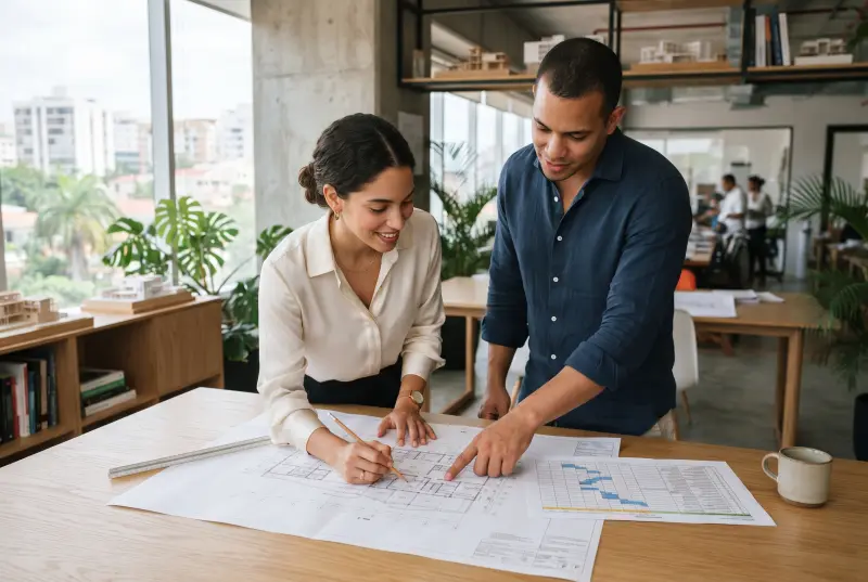Arquitecta y asesor revisando planos y el cronograma de obra de un proyecto